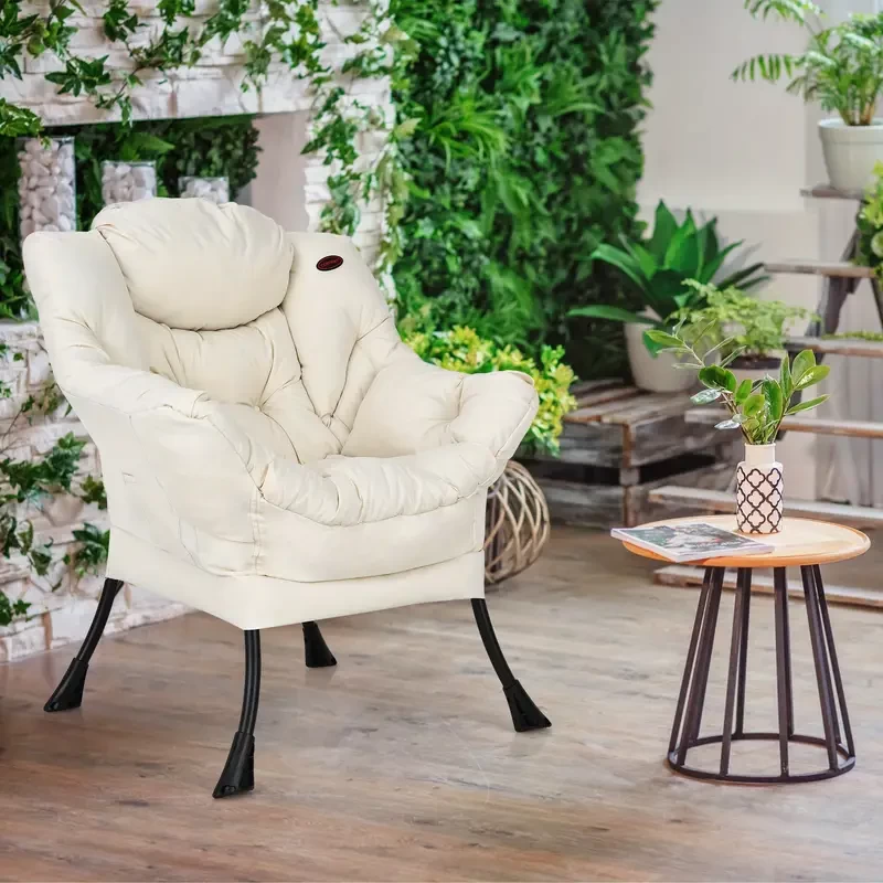 Costway Modern Polyester Fabric Lazy Chair Single Sofa Chair w/Side Pocket Beige