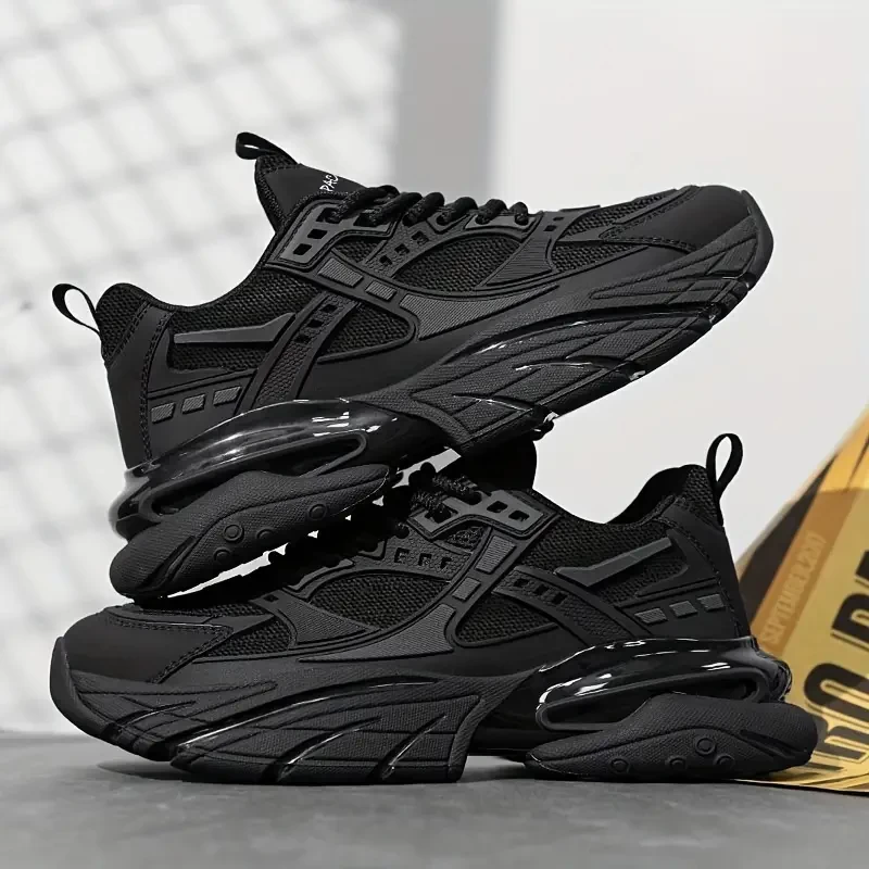 Men'S Fashion Casual Running Sneakers with Air Cushion, Breathable Mesh Upper, Non-Slip Rubber Sole - Comfortable Lace-Up Sports Shoes for All Seasons, Black, Allseason Sneakers | Sporty Style Shoes |