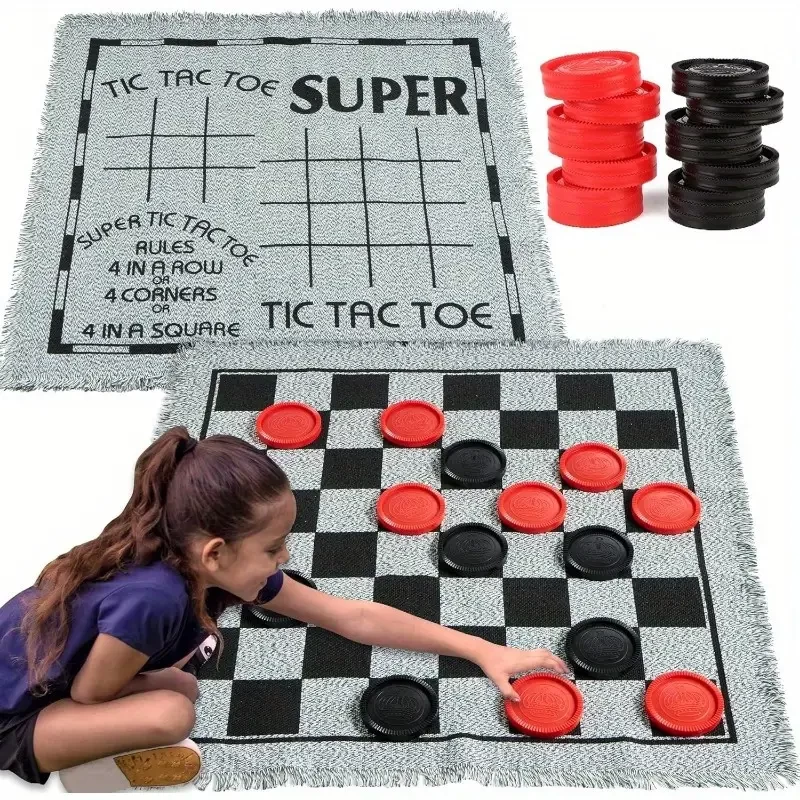 3-in-1 Vintage Giant Checkers, Tic, Tac, Toe, Game with Reversible Mat, 24 Chips, Family Board Game, Lawn Game, BBQ Party Favor, Indoor and Outdoor Activity