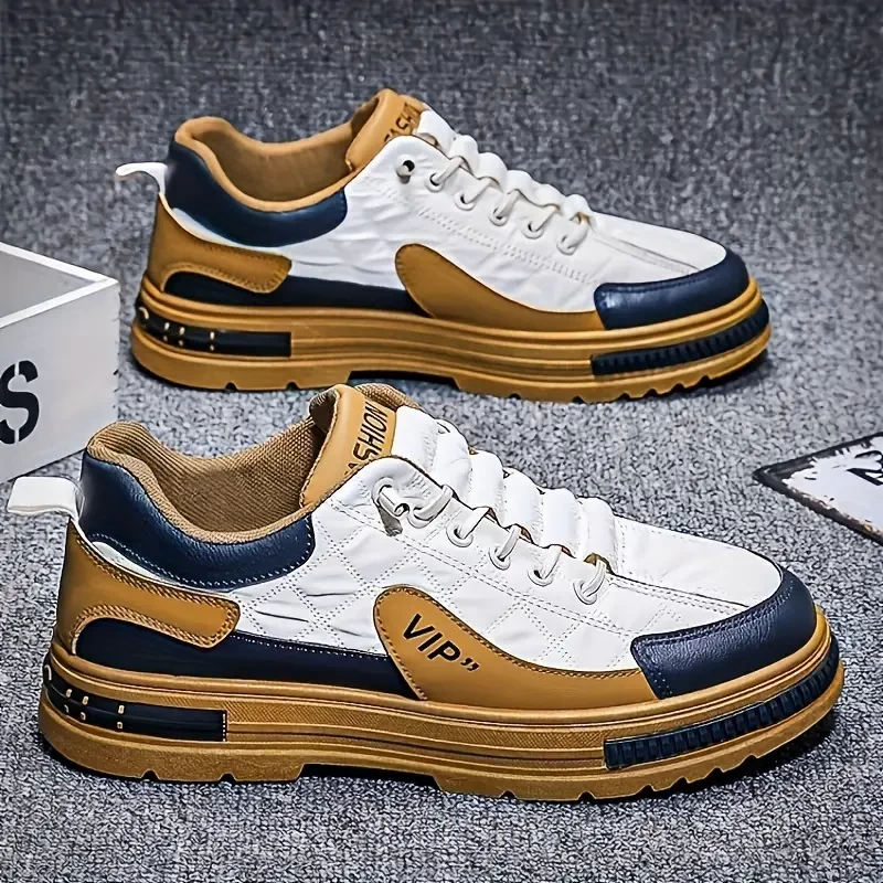 Men's Vintage Color Block Business Style Shoes, Comfy Non Slip Lace Up Durable Walking Shoes For Men's Outdoor Activities