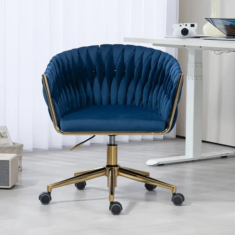 Modern Design The Backrest Is Hand Made Woven Office Chair, Vanity Chairs with Wheels, Height Adjustable, 360° Swivel for Bedroom, Living Room