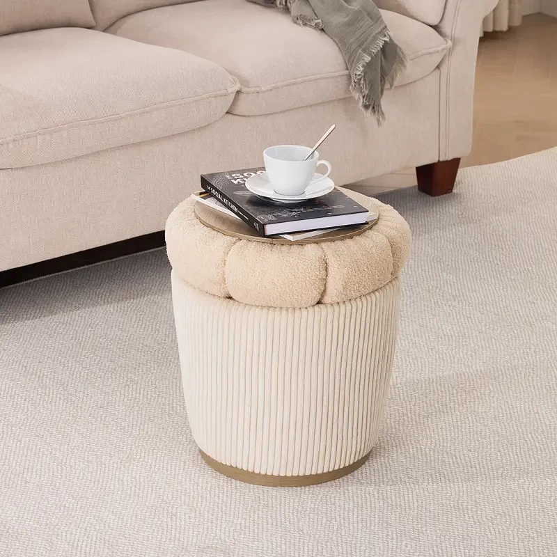 Round Ottoman With Storage, Sherpa Vanity Stool, 18.5" Small Ottoman Dorm, Foot Stools, Upholstered Ottoman Foot Rest For Living Room & Bedroom