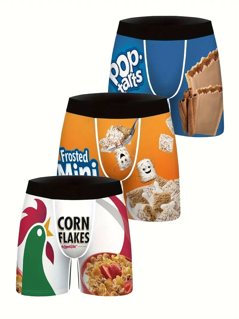 3-Pcs Men's Boxer Briefs with Fun Snack Food Cartoon Print - Breathable Stretch Fabric, Comfort Fit Underwear for Casual & Casual Attire