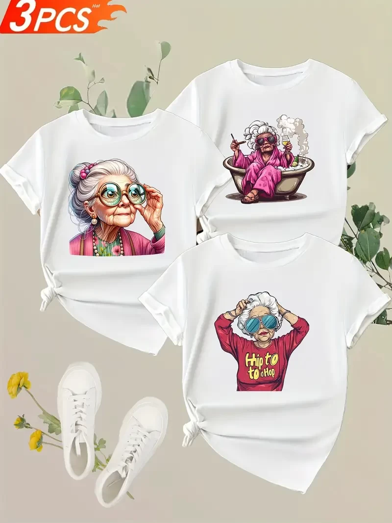 3pcs Women's Funny Granny Graphic T-Shirts - Humorous "How'd I Look So Young?" & "I'm Not Old" Print, Casual Short Sleeve Round Neck Tees, Medium Stretch Fabric, Machine Washable for Spring Summer Fal