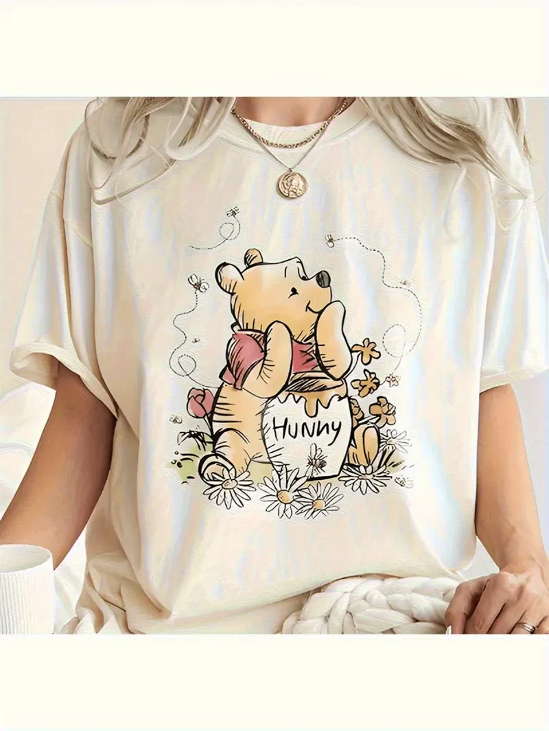 Disney Winnie The Pooh "Hunny" Print 100% Cotton T-Shirt for Women - Cute, Loose Fit, Short Sleeve, White Tee with Tigger & Piglet Design, Sizes S~XXL, Casual Summer Wear | Playful Character Theme | M