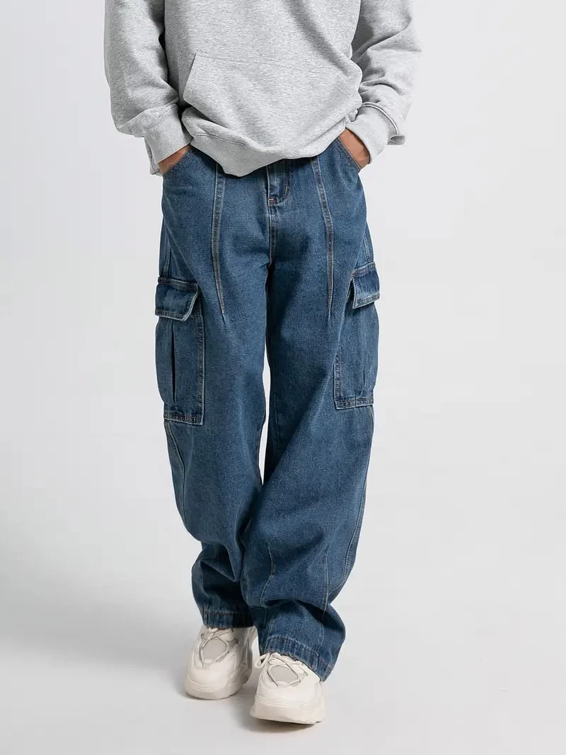 Men's Casual Jeans With Multiple Pockets, Straight Tube, Loose Fit, Slimming And Wide Leg Workwear Jeans, Street Hop, Street Dance, Skateboarding, Denim Pants