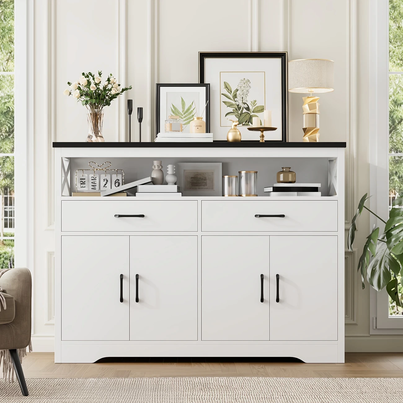 FULTRU 47" Modern Farmhouse Sideboard Buffet Cabinet, Wood Buffet Storage Cabinet with Drawers & Shelves, Large Coffee Bar Cabinet with Storage, Microwave Stand for Kitchen, Dining Room, Dark Brown, W