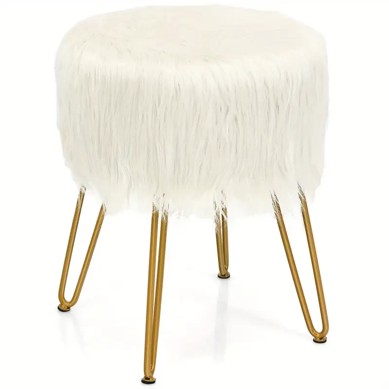 [Faux Fur Padded Makeup Stool] SAFSTAR Faux Fur Vanity Chair Makeup Stool Furry Padded Seat Round Ottoman White
