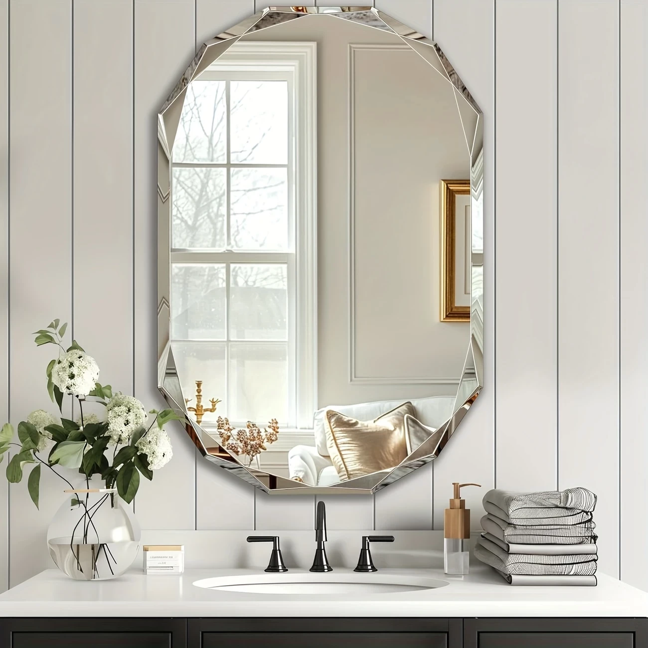 30" x 40" Oval Frameless Wall-Mounted Bathroom Mirror with Beveled Edge – Modern Decorative Vanity Mirror for Stylish Home Décor, Aluminum Alloy & Glass Surface, Irregular Beveled Edge Design, Bathroo