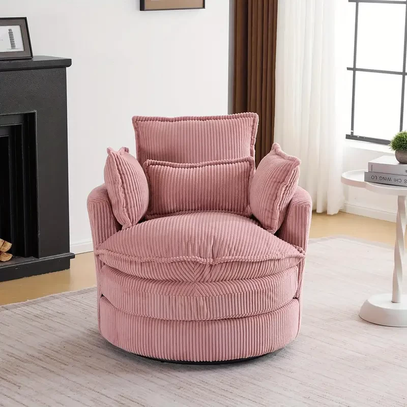 Swivel Barrel Chair-Corduroy, 360 Degree Modern Lounge Armchair Chair, Comfy Round Accent Single Sofa Chair with 3 Pillows, for Living Room, Bedroom, Lounge, Hotel