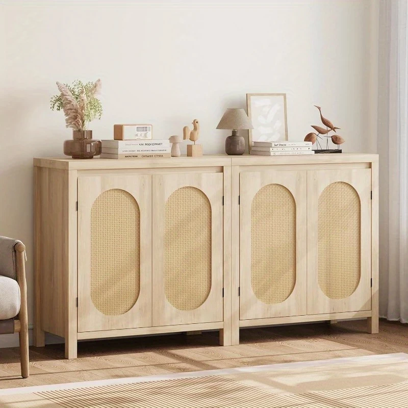 MERXENG Rattan Storage Cabinet, Wooden Sideboard Buffet Cabinet with Doors and Shelves, Small Console Cabinet with Storage, Boho Accent Cabinet for Entryway, Living Room, Dining Room, Natural