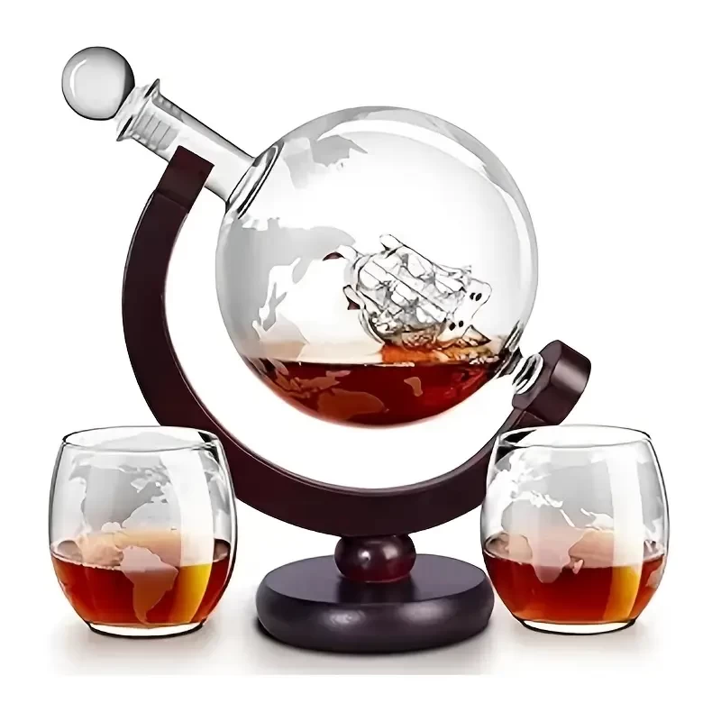 [Whiskey Decanter] 2 Types, Spherical Decanter 27oz/800ml/Sailboat Decanter 44oz/1300ml, Etched Globe Cup 10oz/300ml | Perfect For Whiskey Enthusiasts | Suitable For Any Occasion: Birthdays, Weddings,