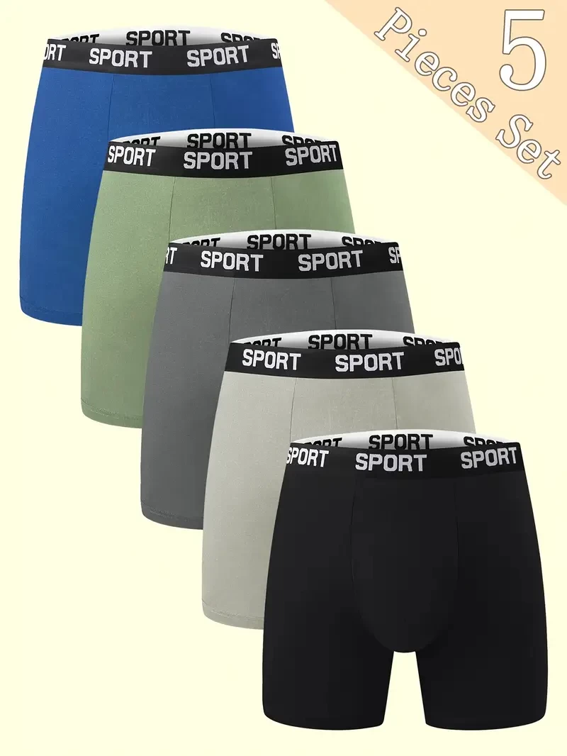 5pcs Men's Breathable Quick-Dry Boxer Briefs - High Elasticity Moisture-Wicking Underwear with Elastic Waistband, Soft Lightweight Solid Color for Gym, Boxing & Casual Wear, Athletic Boxers | Plain De