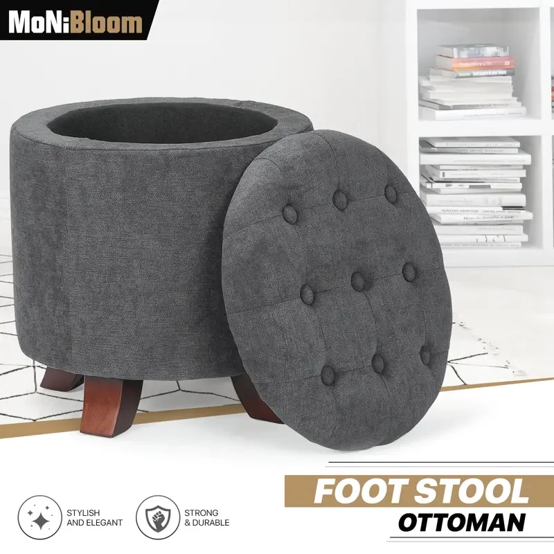Stylish Round Ottoman with Storage, 15.5" Diameter x 17" Height Upholstered Foot Rest Stool with Legs, Polyester Fabric, Mixed Colors for Living Room or Bedroom