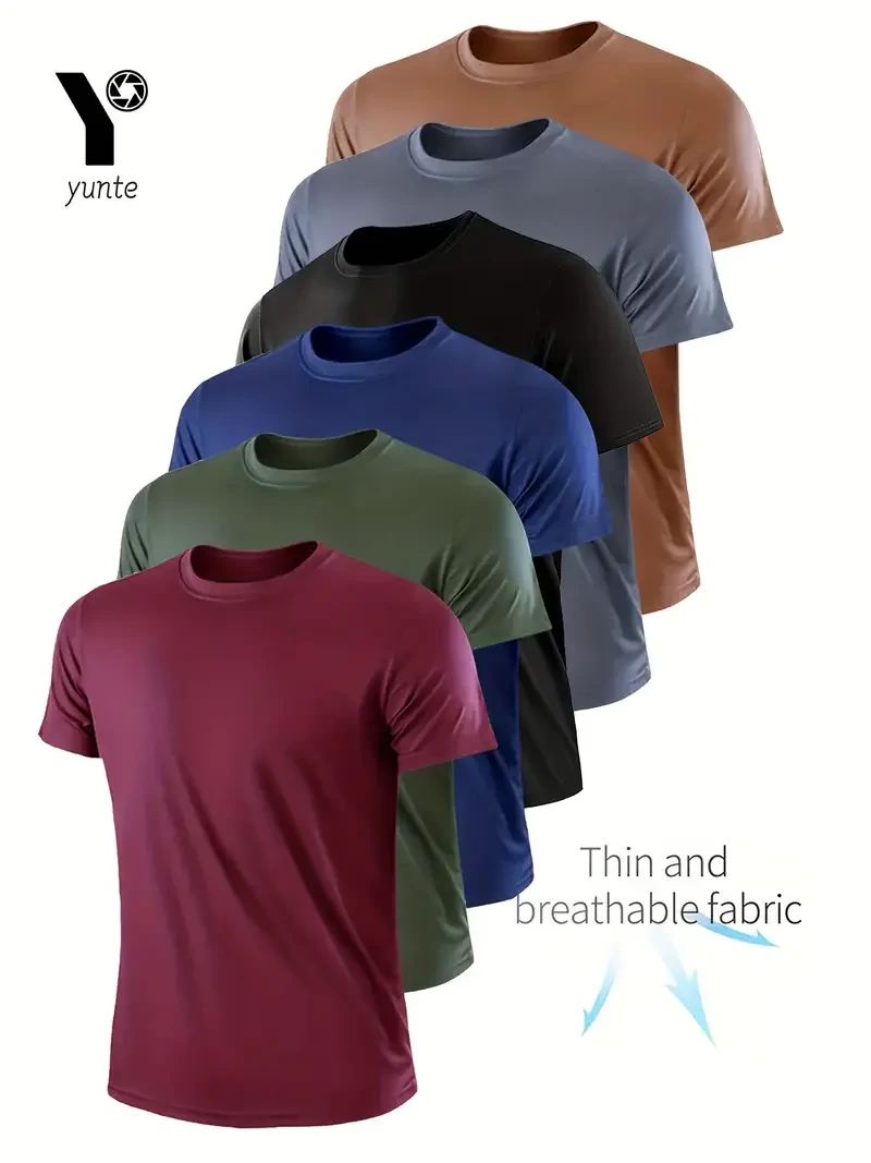 6-Pack Assorted Colors: Maroon, Olive, Navy, Black, Gray, Khaki - Lightweight Men's Crew Neck T-Shirt - Quick-Drying, Breathable, Moisture-Wicking Shirt for Fitness, Gym, and Running - Lightweight, Co