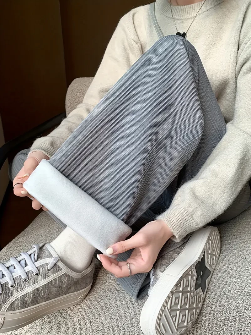 Women's Fleece-Lined Wide Leg Pants - Casual Striped, Elastic Waistband, Cozy Thick Knit Fabric for Fall/Winter