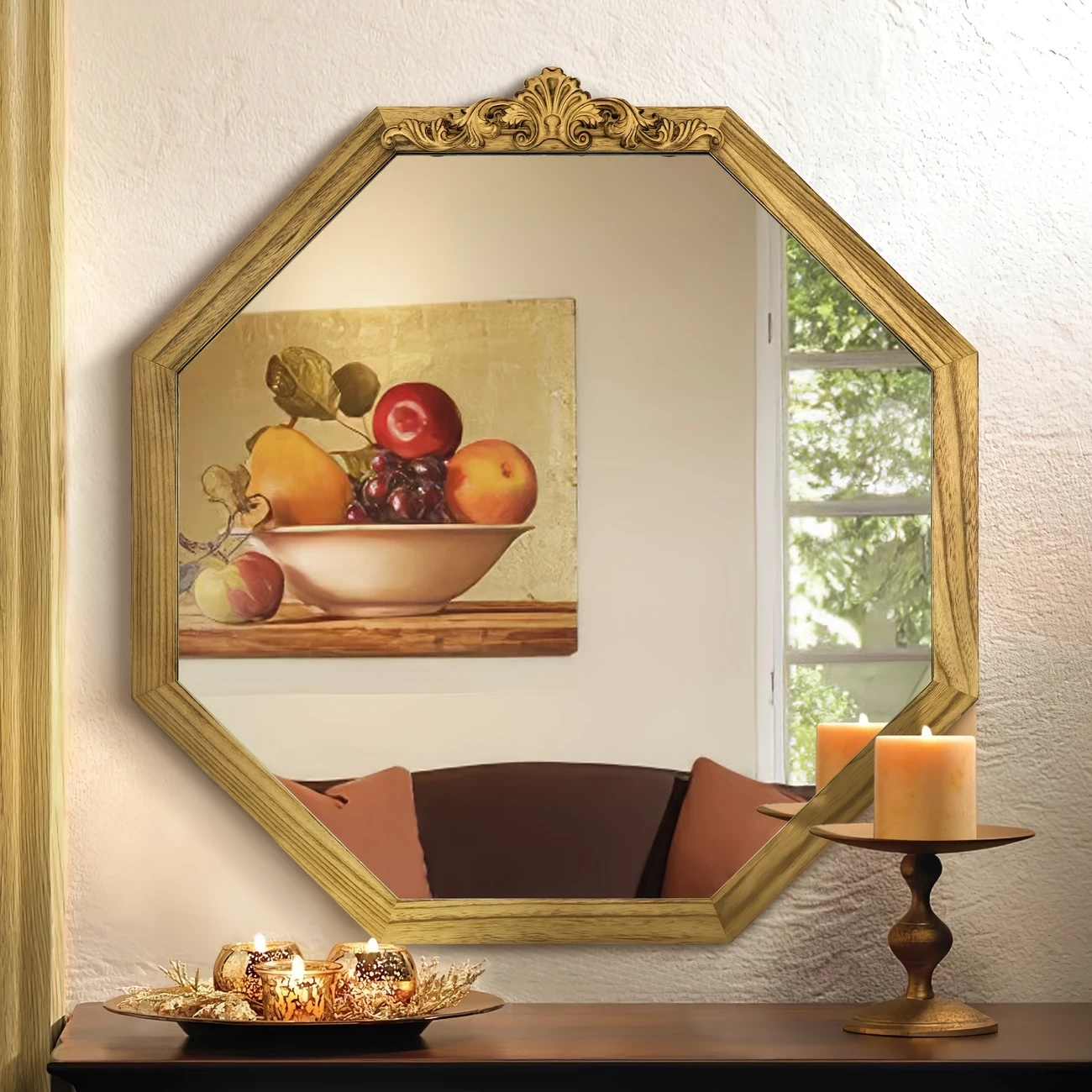 Octagon Wood Wall Mirror] Wood Octagon Flat Wall Mirror - Decorative Wall Hanging for Living Room, Garden, Yard, Entryway