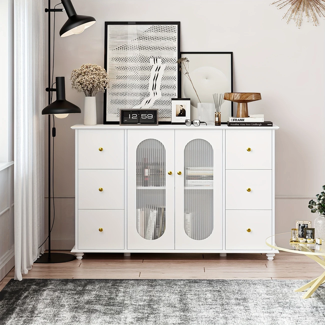 FULTRU Buffet Cabinet with Glass Doors, Modern Kitchen Sideboard Cabinet with 6 Drawers, 47.2" White Storage Cabinet for Kitchen, Dining Room