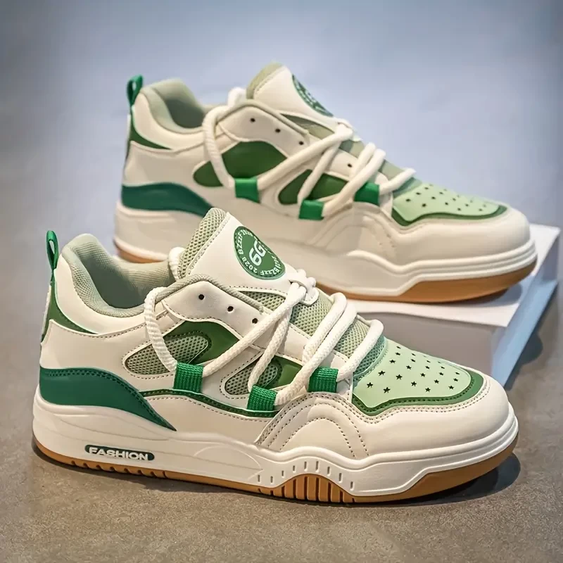 [Breathable Comfort] Men's Stylish Low-Top Skate Sneakers - White & Green Casual Sneakers with Breathable Mesh, Durable PVC Sole, and Comfortable Fabric Lining for Casual Attire, Skate Shoes
