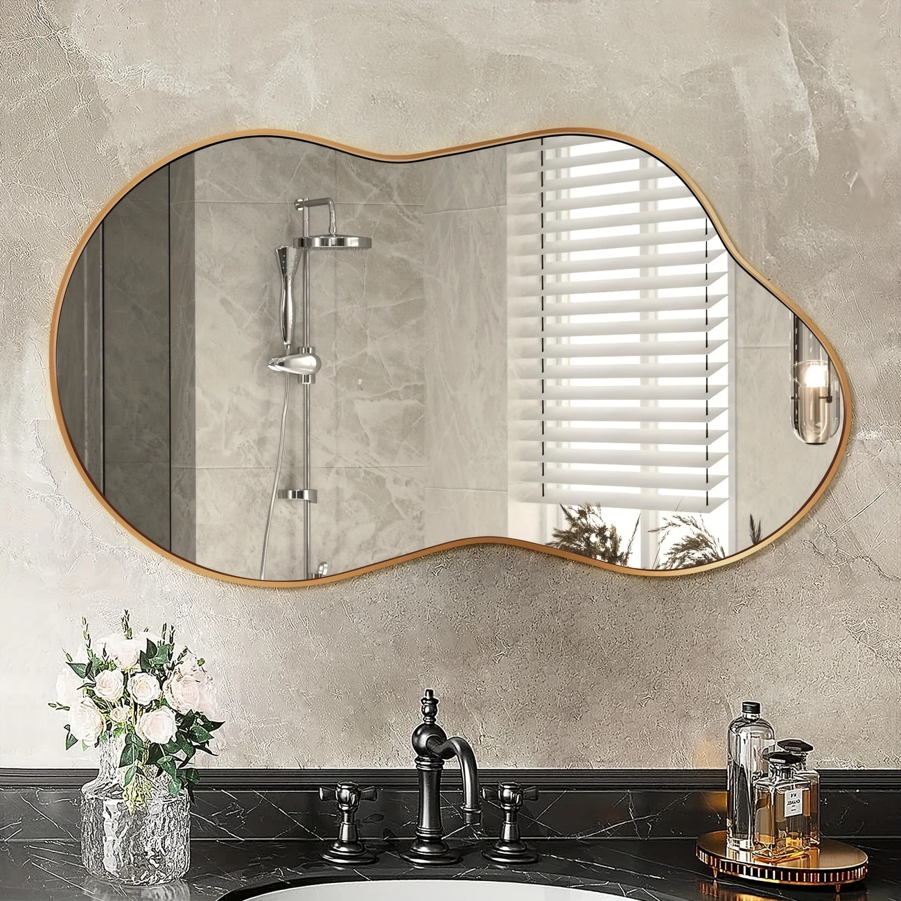 [Golden Asymmetrical Mirror] Golden Asymmetrical Mirror - Irregular Wall Mirror Aviation Aluminum Alloy Frame for Bathroom, Bedroom, Living Room