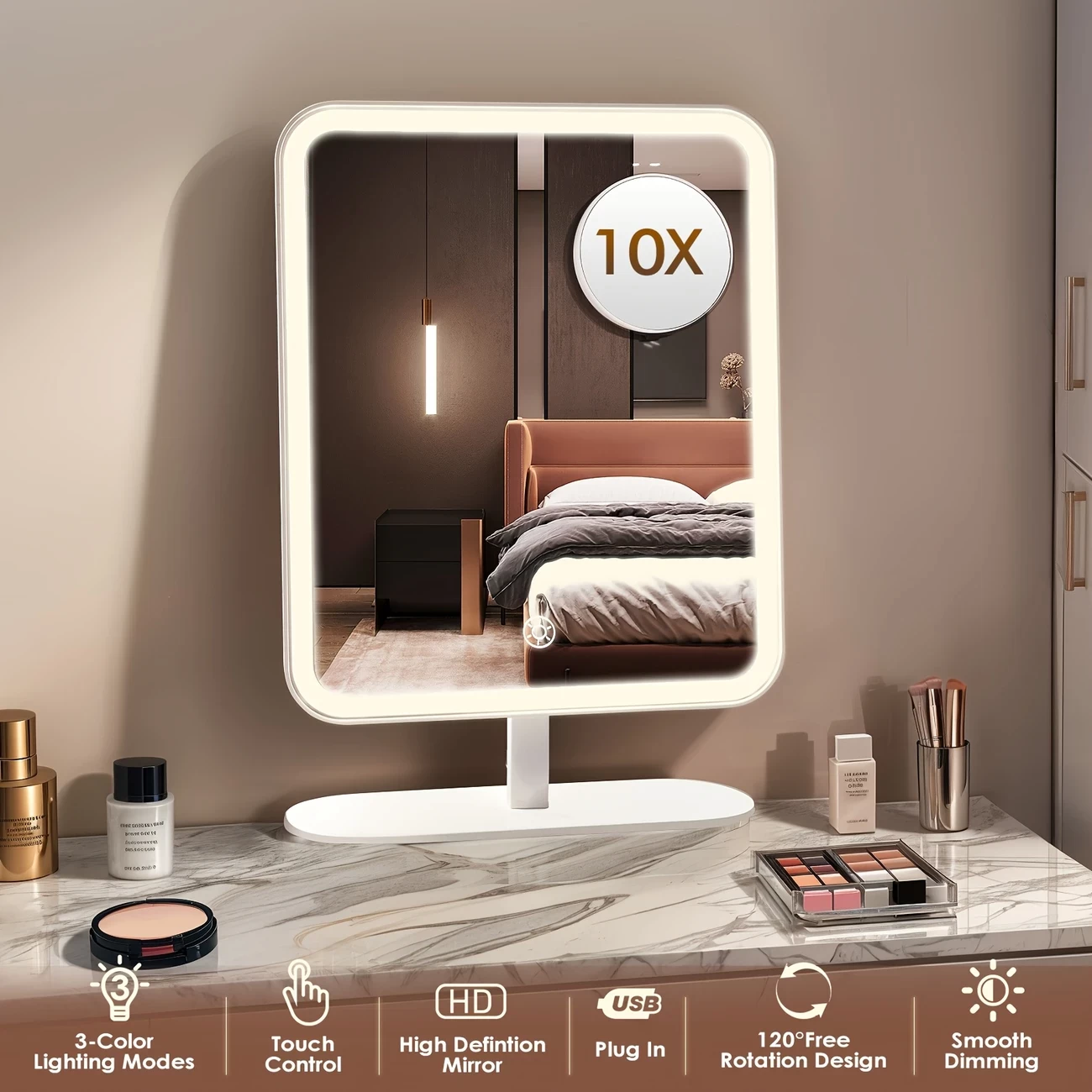 Lighted Makeup Mirror Hollywood Vanity Mirror With Lights, Three Color Lighting Modes, And 5X Magnification Mirror, Smart Touch Control, 120° Adjustable