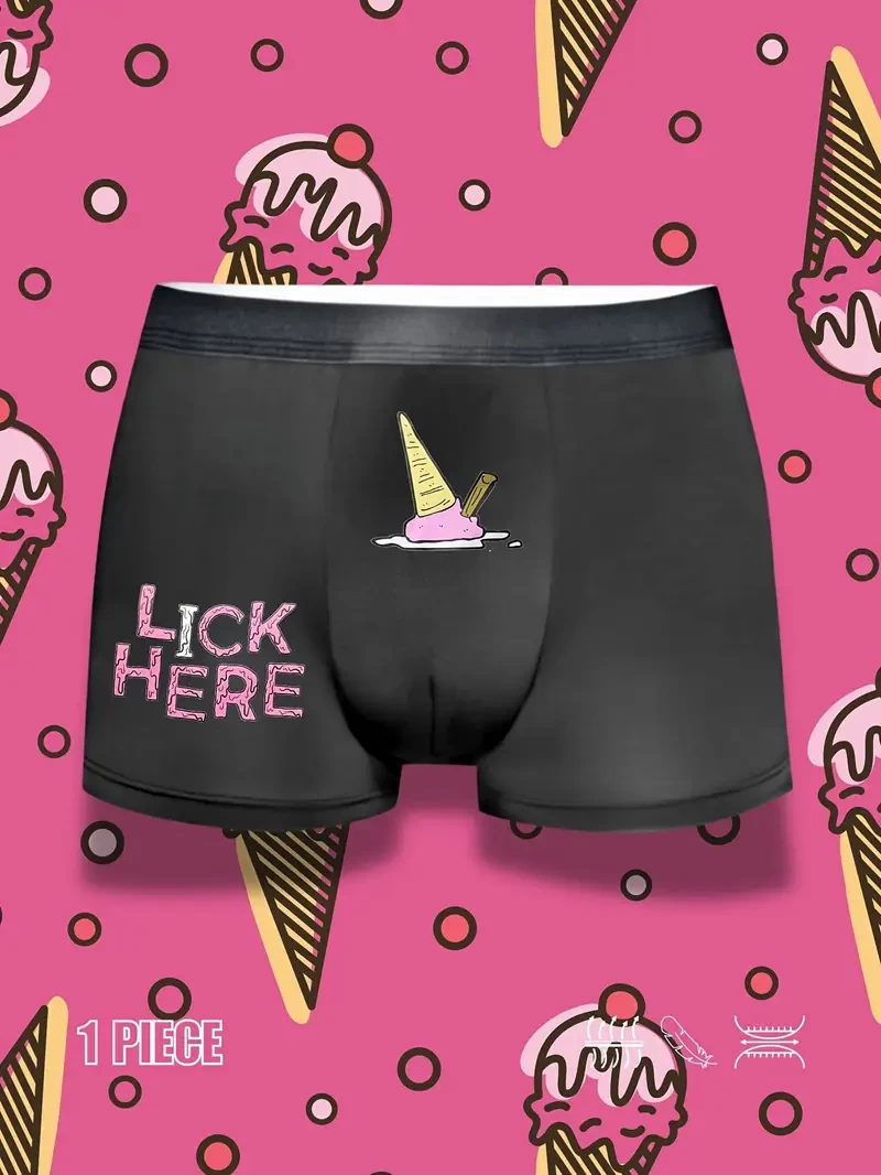 Men's Novelty Ice Cream Print Boxer Briefs, Breathable Polyester-Spandex Blend, Soft Cool Fabric, Casual Fashion Underwear, April Fool's Day Fun Gift
