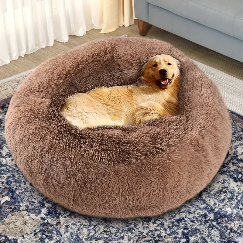 Calming Dog & Cat Bed, Anti- Anxiety Donut Warming Cozy Soft Round Bed, Fluffy Faux Fur Plush Cushion Pet Indoor Bed, Brown, 36 Inch, Fits up to 100 lbs Pets