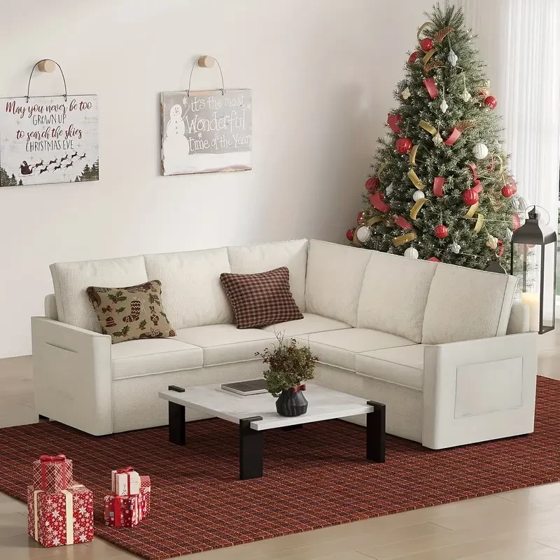 Advanced Modular Combination Sofa Bed With Pull-out Sofa Bed, Modern Linen L-shaped Sofa Convertible Sofa Bed With Storage Footstool, 5-seater Sofa, Suitable For Comfortable Combination Sofa In Living