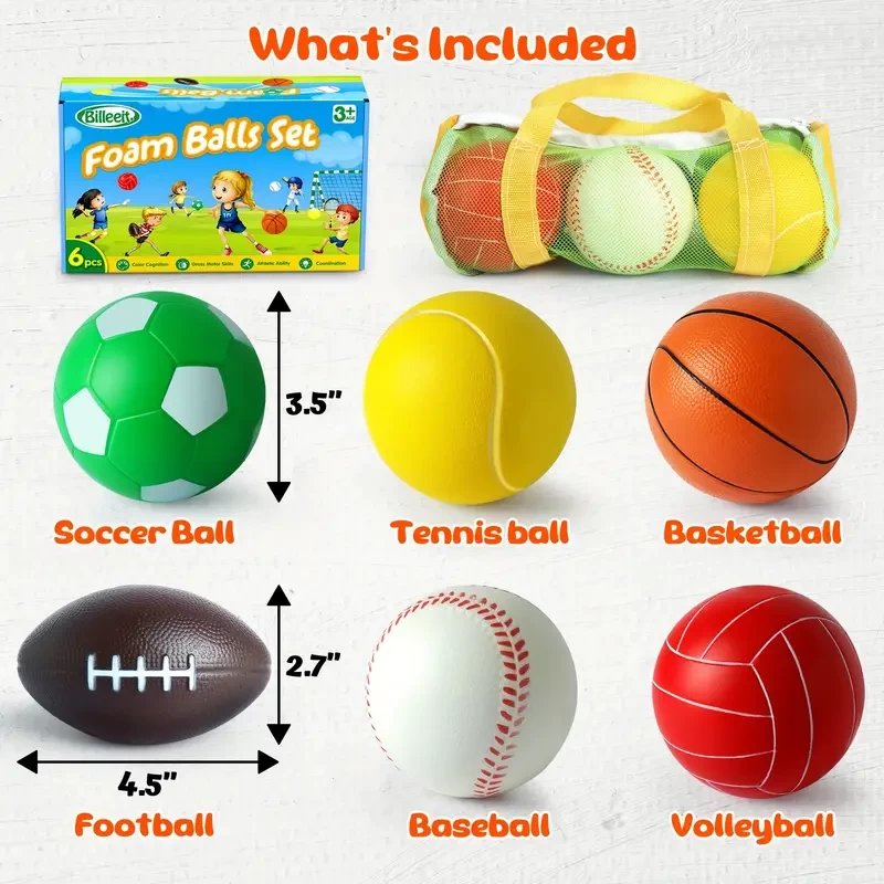 Homotte Mini Sports Balls Set for Toddler, First Sports Bag for Kids 3+, Include 1 Each Of 3.5" Foam Soccer, Tennis Ball, Basketball, Football, Baseball, Volleyball, Fun Baby Ball Toys, Set Of 6
