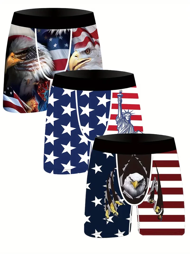 3-Pack Patriotic Cartoon Print Men'S Boxer Briefs, 95% Polyester 5% Elastane, Knit Fabric, Slight Stretch, Breathable All-Season Underwear, 140gsm, Daily & Casual Wear