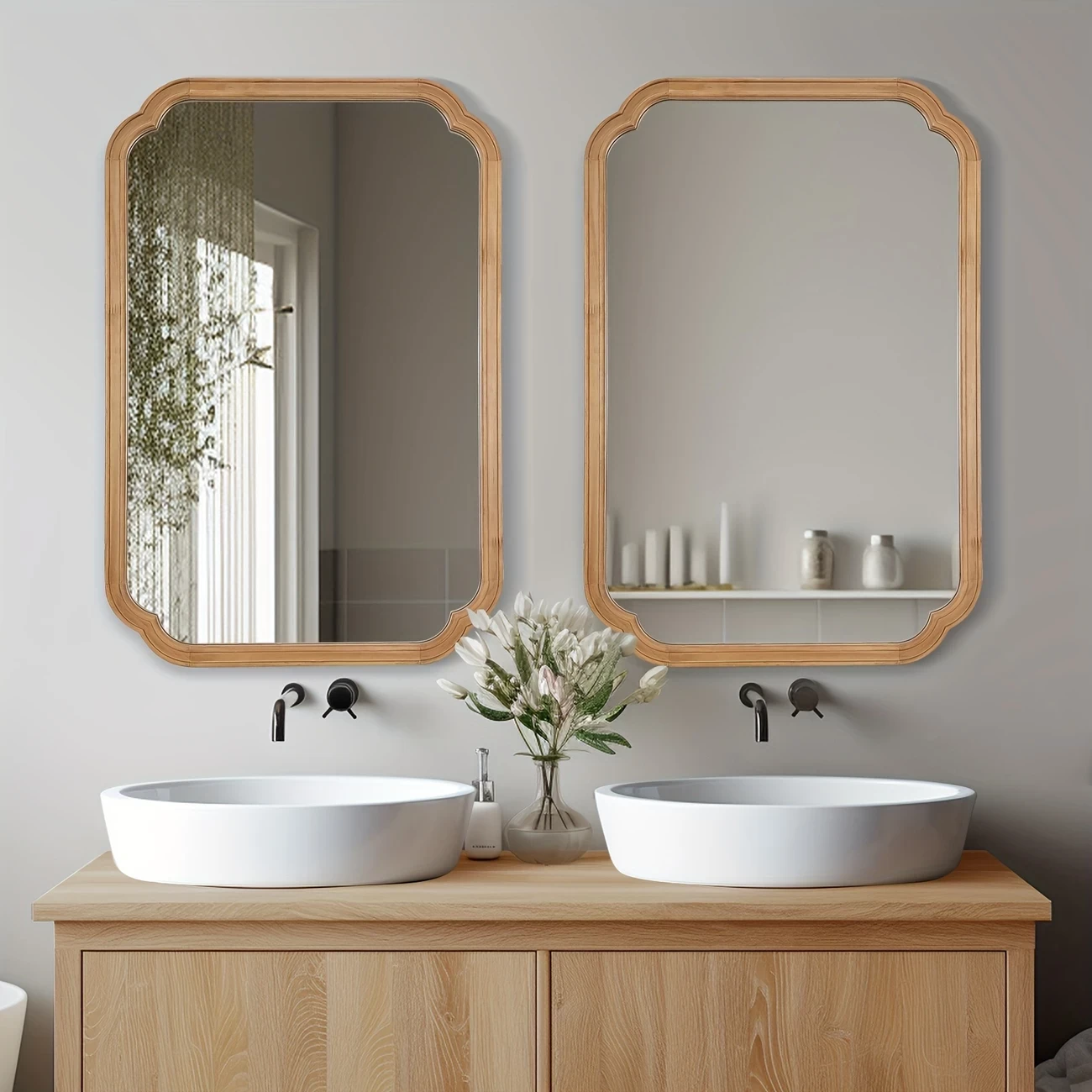 20" x 30" Rounded Corner Arch Wall Mirror with Light Wood Grain Frame, Full-Length Glass for Entryway, Living Room, or Bedroom - Modern Home Decor, No Electricity Needed, Mirror Wall Decor