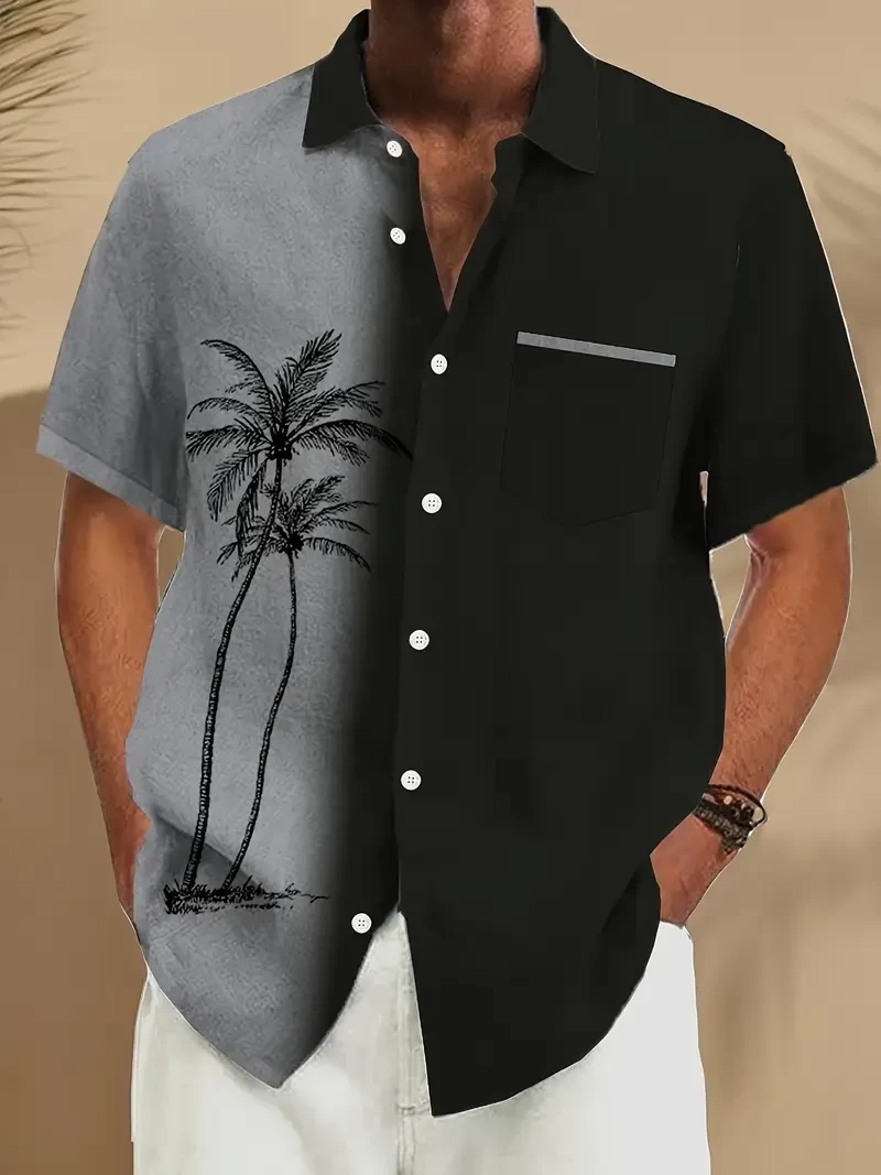 Men'S Button-Up Shirt with a Retro Hawaiian Coconut Tree Gradient Print