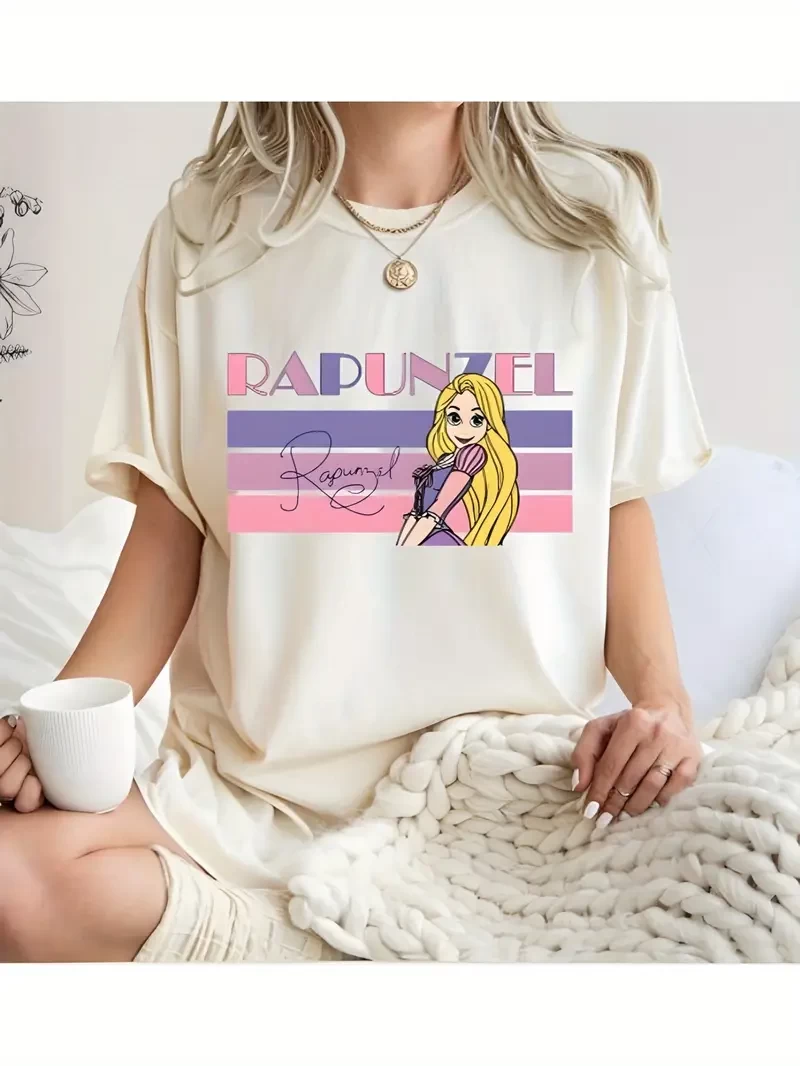 Disney Rapunzel Colorful Stripes Graphic Print Women's T-Shirt - 100% Cotton 180gsm Loose Fit Casual Short Sleeve Round Neck Tee, Machine Washable Summer Top Sizes S-XXL, Disney Shirts