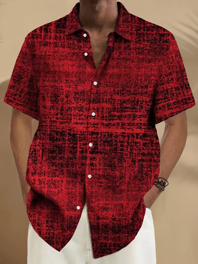 Vintage Style Lapel Collar Short Sleeve Polyester Shirt, Ombre Gradient Art Print, with Button Placket, for Men, Weekend Casual