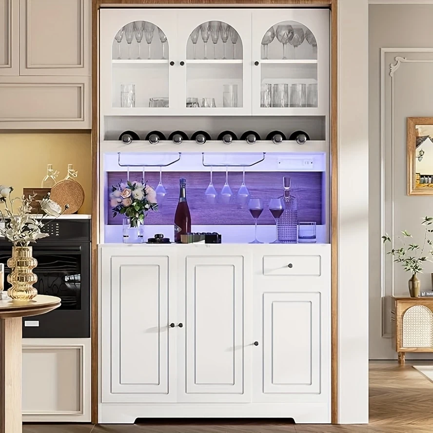 Spacious 72" Modern White Kitchen Hutch Storage Cabinet with Glass Doors, Open Shelves & Wine Rack - Features Drawer for Coffee Bar Essentials, Ideal for Home & Dining Room, Kitchen Deco