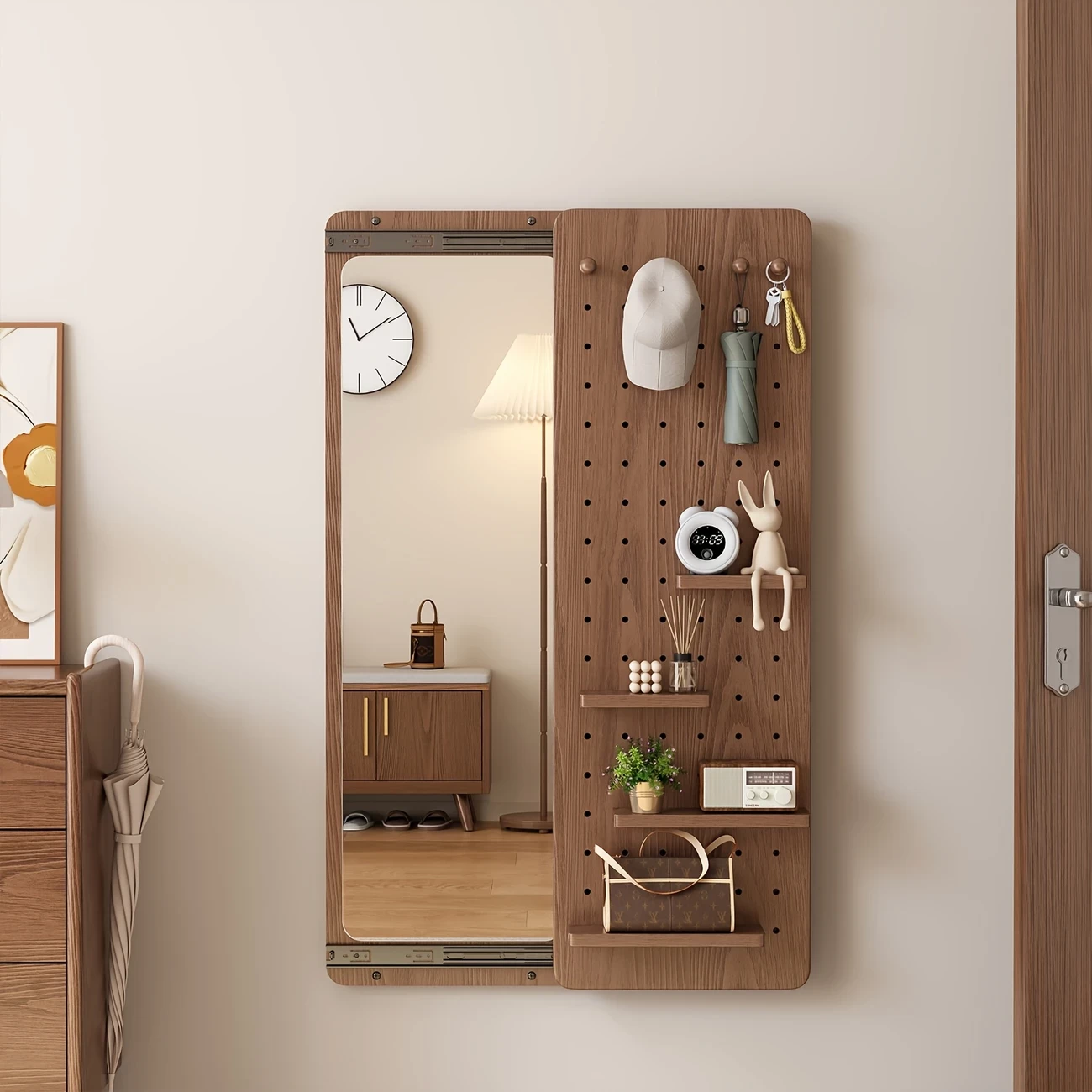 KASLANDI Furniture For Home Full Body Wall Mirror, Solid Wood Wall Mirror With Shelf, Bathroom Furniture, Retro Style Mirror With Hook, Multi-functional Design Panel, Furniture, Easter Big, Free Shipp