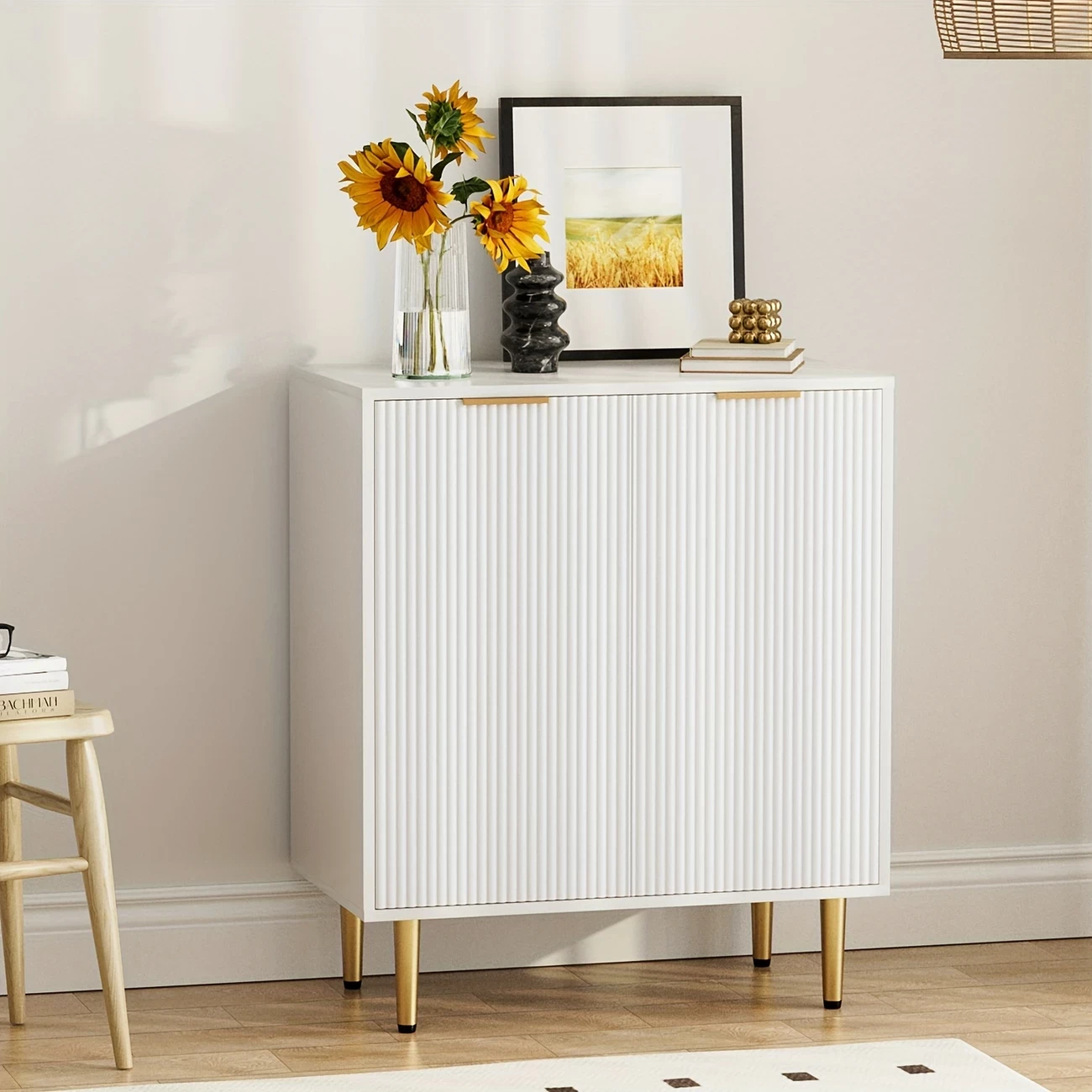 Fluted Buffet Cabinet With Storage, Kitchen Sideboard Cabinet With Adjustable Shelves, Solid Metal Legs, Credenza Entryway Cabinet For Dining Room, Living Room - White/Black