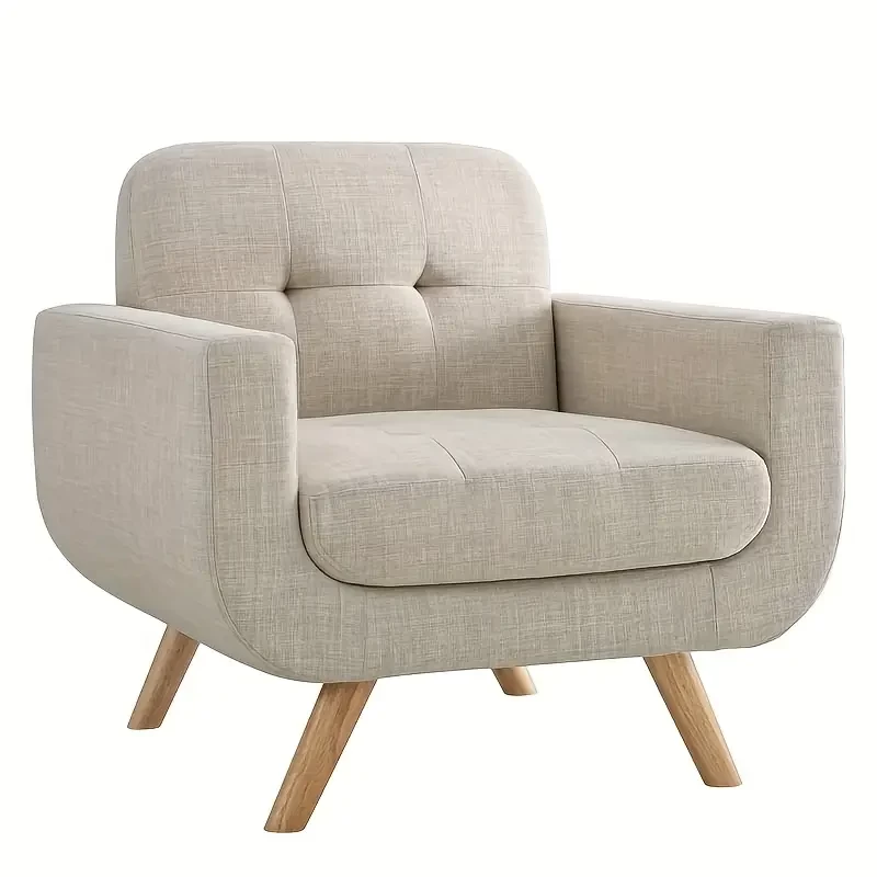 High Quality 30" Accent Fabric Upholstered Arm Tufted Comfy For Reading In Bedroom, Living Room, Sofa Chair, Armchair For Tight Spaces, Wood Legs, Standard, Classic Beige