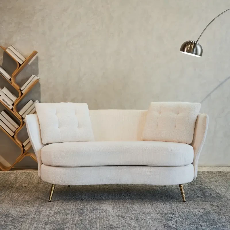 White Polyester Fiber Loveseat Sofa with Golden Metal Legs, Ideal for Living, Reading Rooms, Bedroom & Small Spaces like Apartments and Dorms, a Cozy Two-Seat Club Sofa
