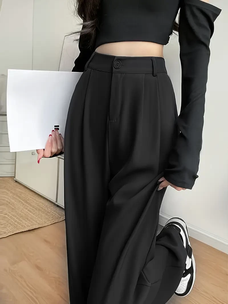 Autumn And Summer Single-Button Suit Trousers, Elongated, Loose And Wrinkle-Free, Made from Breathable And Smooth Fabric, High-Waisted Straight-Leg Pants with a Draped Premium Feel, Breathable And Wri