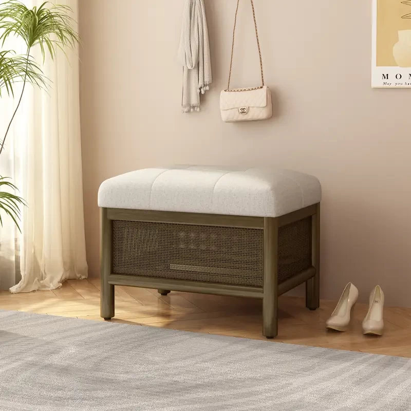 Cane Base Ottoman-Dark Walnut/ Cream (21.5"*16"*17")