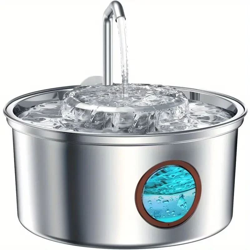 3.2L Stainless Steel Pet Water Fountain with USB Power - Large Capacity, Easy-View Window, Includes Suction Bowl for Dog & Cat Food, Sleek Metallic Design with Blue Water Level Indicator, Pet Food Dis