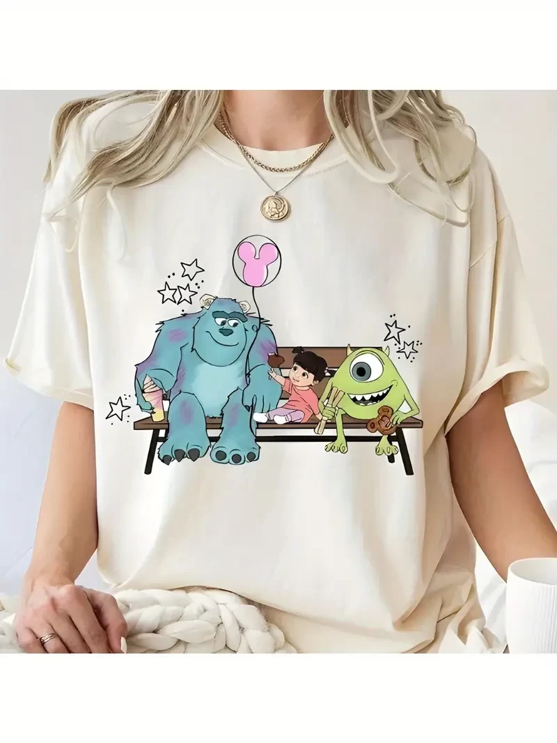 Disney Monsters Sulley & Mike Wazowski Graphic T-Shirt for Women - Cute, Casual Summer Tee with Boo & Stars Design, Loose Fit, White, Sizes S~XXL, Fan Merchandise | Whimsical Design | Comfortable Fabr