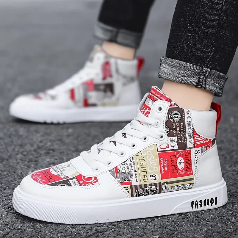 Men's Casual Sneakers with Urban Graphic Print - Lace-Up Round Toe PU Upper, Breathable Fabric Lining & Durable Rubber Sole - All-Season Versatile Streetwear Shoes for Men