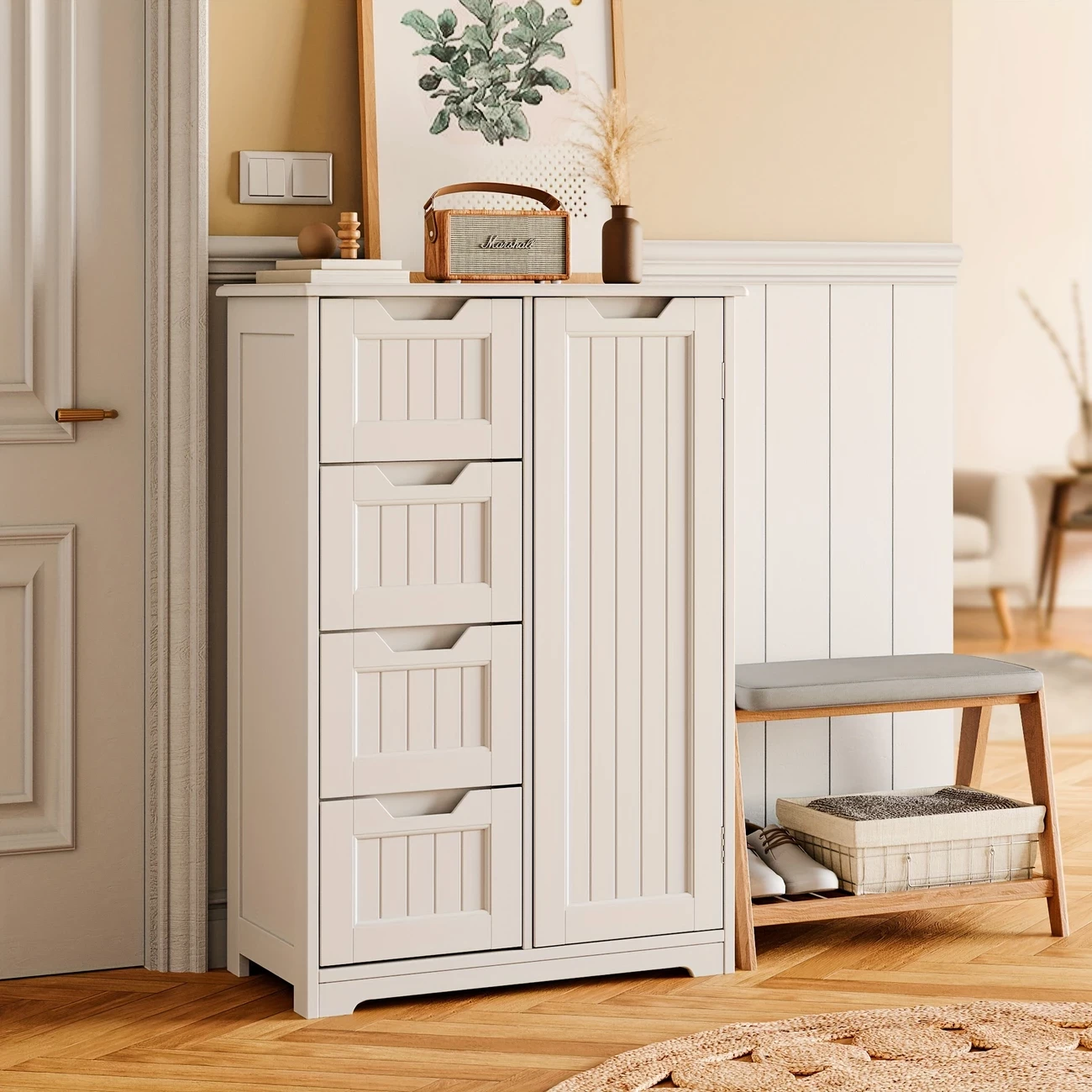 33" Small Kitchen Pantry Storage Cabinet With Door And Shelves, Pantry Cabinet Storage Cupboard, Freestanding Wooden Dresser With 4 Drawers For Bathroom And Dining Room, White Storage Drawer Units