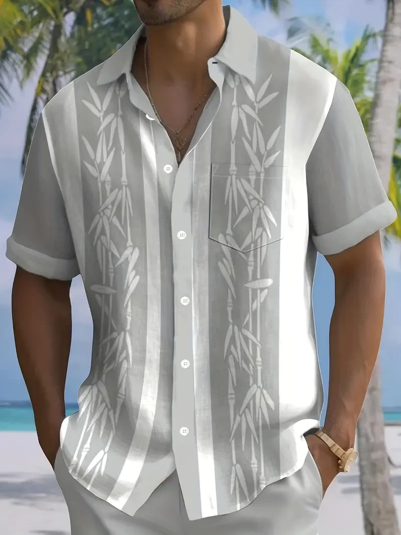 Men's Casual Bamboo Print Short Sleeve Shirt, Men's Shirt For Summer Vacation Resort, Tops For Men