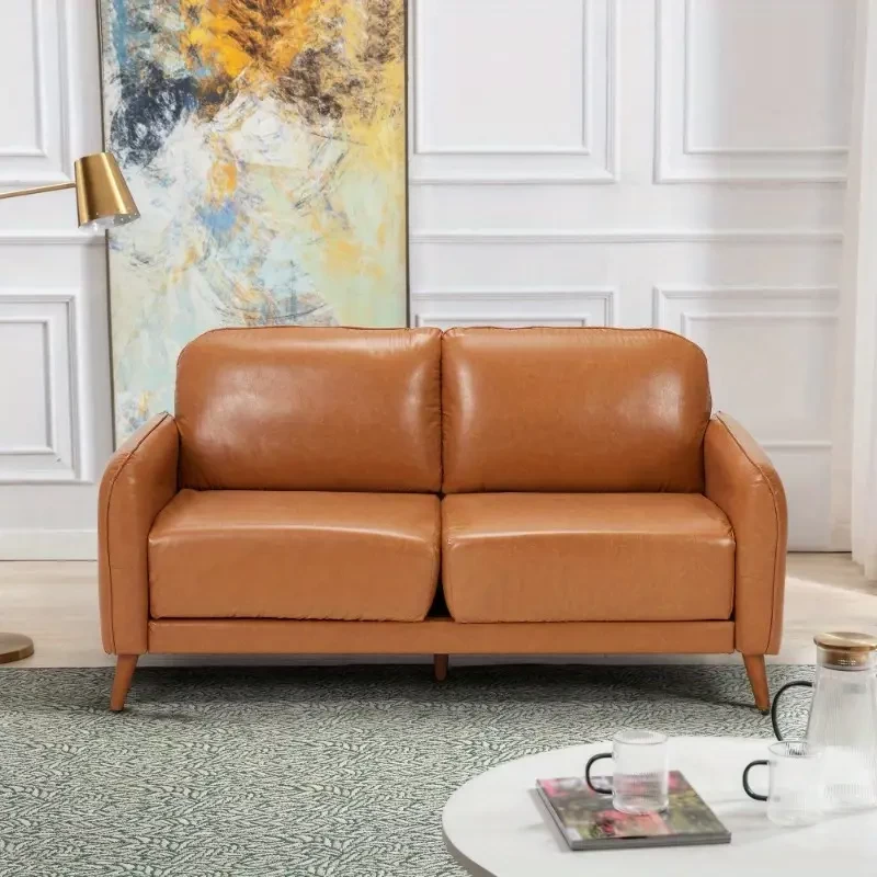 65" Brown PU Loveseat Sofa, Upholstered Two-Seater with Comfy Deep Seat & Round Arms, Contemporary Design for Apartments, Studios & Offices, Durable Polyurethane Fabric, No Assembly Required, Studio S
