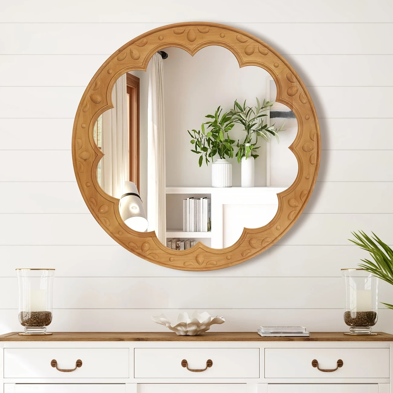 Round Wood Mirrors For Wall Decor, 28 Inch Circle Wall Mirror For Living Room Bedroom