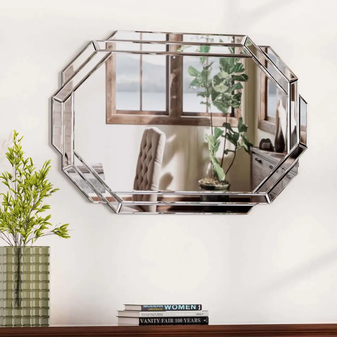 Glam Style Frameless Wall-Mounted Mirror - Coastal Theme Polished Finish, Octagon Shape, Horizontal Orientation For Bathroom Vanity Or Living Room - Glass Surface, No Electricity Required