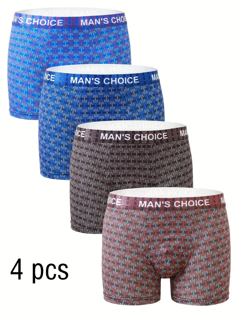 4pcs Men's Ice Silky Boxer Briefs - Soft, Breathable, Stretchy Underwear with "for Man's CHOICE" Print in Blue, Brown, Gray & Maroon, Perfect for Daily Wear and Sleep